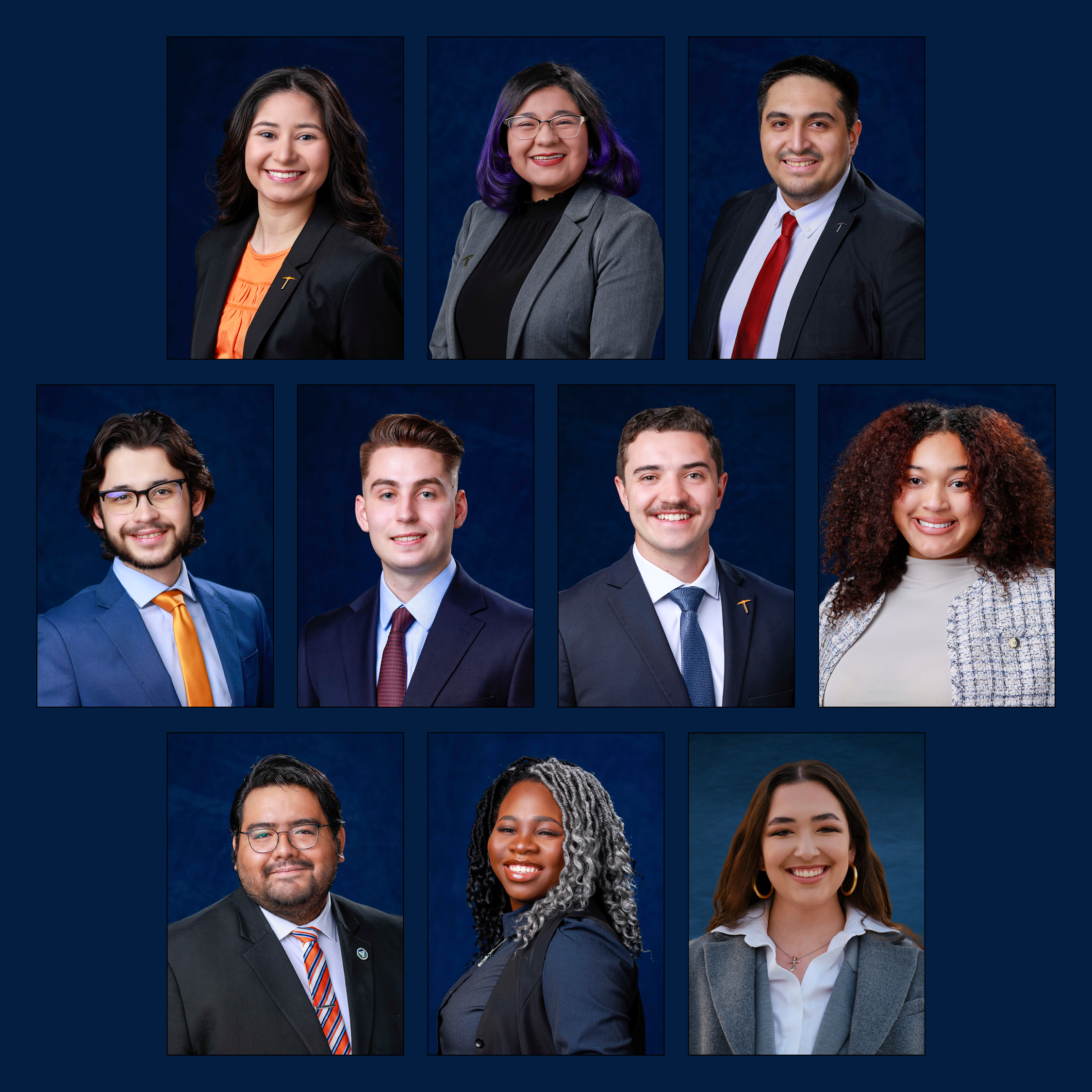 The Top Ten Seniors Awards are presented annually by The 山ּ of Texas at El Paso Alumni Association to a group of outstanding future alumni. Top row from left: Kennedy Trevino, Frida Garcia-Ledezma and Brian Rodiles Delgado. Middle row from left: Zachary Althoff, Benjamin Shipkey, Maximilian Rothblatt and Amira Williams. Bottom row from left: Michael Gutierrez, Abeni Merriweather and Zoe Andritsos.  